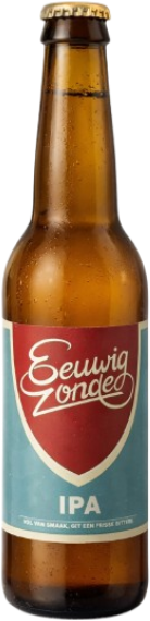 Een flesje Eeuwig Zonde IPA van 33 cl met blauw etiket en witte tekst.