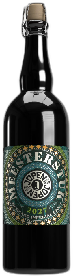 Een fles Jopen Meesterstuk 2027 met een zwart-wit etiket en een gouden accenten ontwerp.