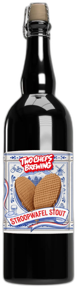 Fles Two Chefs Brewing Stroopwafel Stout met etiket en stroopwafels afgebeeld.
