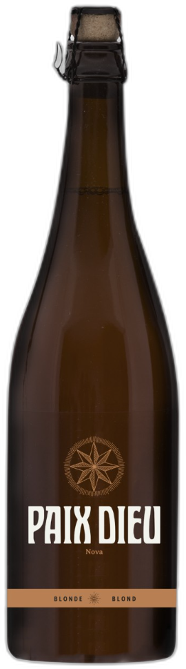 Bruine glazen bierfles met het etiket 'Paix Dieu Nova' en kurk met draadbeugels.
