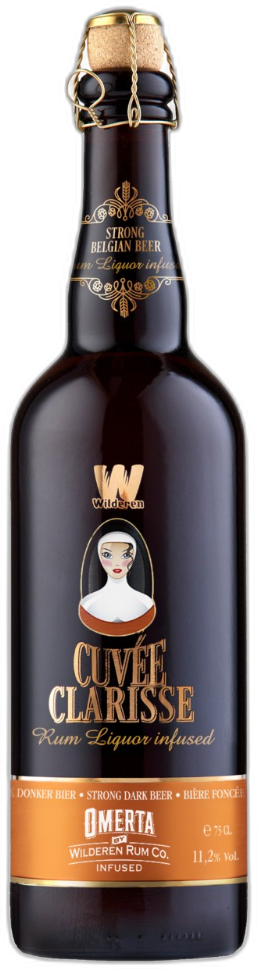 Fles Cuvée Clarisse rum infused bier met gouden en zwarte details.