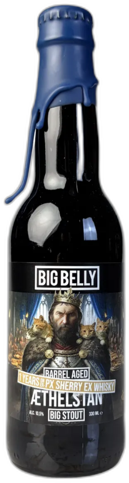 Fles Big Belly Aethelstain Barrel Aged Stout met blauwe zegellak op de dop.
