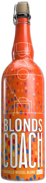 Oranje fles Jopen Blonds Coach met voetbalpatroon en opschrift.