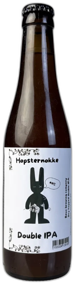 Fles bier van Beun Brewing Company met het label Hopsternokke, featuring een zwart konijntje en het woord Double IPA.