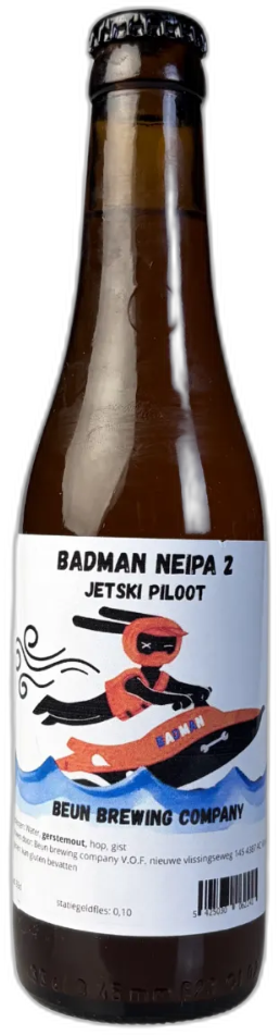 Fles Beun Brewing Company Badman Neipa 2 met een jetski afbeelding op het etiket.