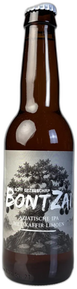 Bruine fles van Strieper Craft Beer Company met etiket 'Bontzai Aziatische IPA'.