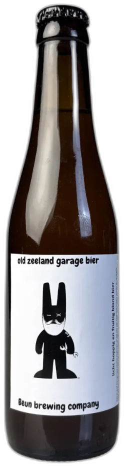 Bruin bierflesje van Old Zeeland Garage bier met zwart konijnenlogo op label.