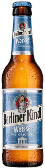 Berliner Kindl Weisse bierflesje van 33cl met blauw en witte etiket en dauwdruppels.