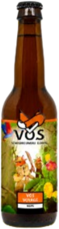 Bruin Vos Voyage flesje van 33 cl met kleurrijk etiket en zwarte kroonkurk op donkere achtergrond.