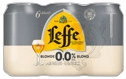 Verpakking met 6 blikjes Leffe Blond 0.0% alcoholvrij bier op een witte achtergrond.