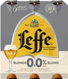 Verpakking Leffe Blond 0.0% met zes flesjes van 30 cl en een gevuld bierglas op de voorkant.