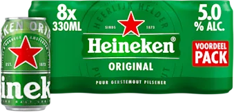 Groene Heineken Original voordeelverpakking met 8 blikjes van 330 ml en deels zichtbaar blikje.