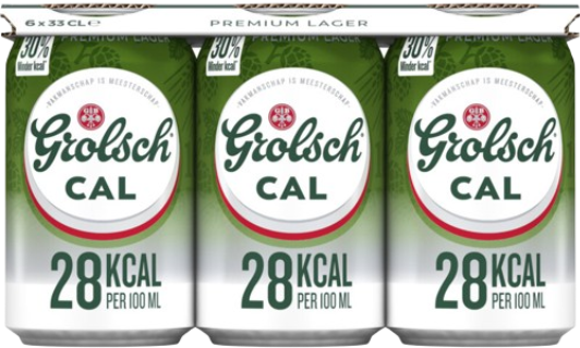 Grolsch CAL 6-pack met drie zichtbare groene blikjes en 28 kcal per 100 ml op de voorkant.