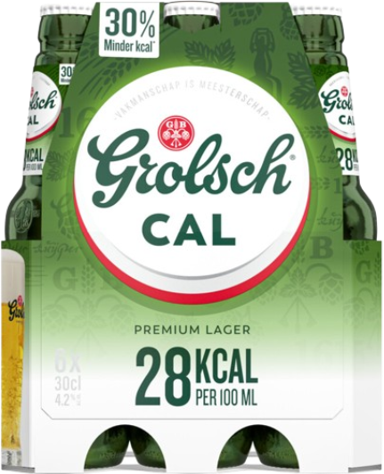 Grolsch Cal 6-pack met groene flesjes en wit-groene verpakking, 28 kcal per 100 ml.