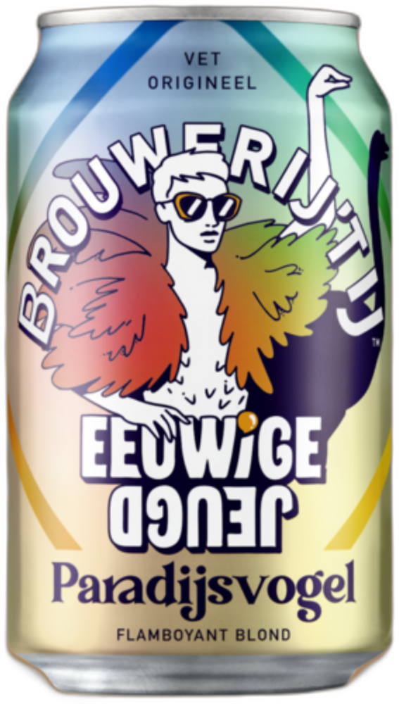 Blik Paradijsvogel blond bier met kleurrijke vogelillustratie van Brouwerij ’t IJ en Eeuwige Jeugd.