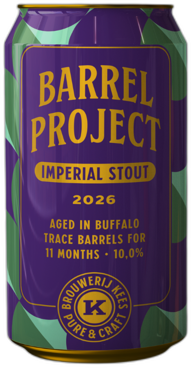 Paars-groen blik Barrel Project Imperial stout 2026 van Brouwerij Kees op zwarte achtergrond.