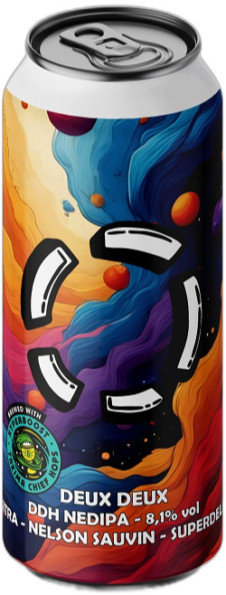 Blik Deux Deux DDH NEDIPA met kleurrijk abstract etiket en zwarte smiley op witte achtergrond.