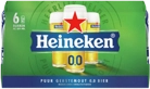 Groene Heineken 0.0 verpakking met 6 blikjes van 0,33 liter op een zwarte achtergrond.