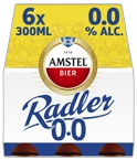 Verpakking Amstel Radler 0.0% met 6 flesjes van 300 ml op een witte achtergrond.
