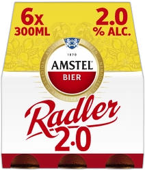 Verpakking Amstel Radler 2.0 met 6 flesjes van 300 ml, geel-wit ontwerp en rode accenten.