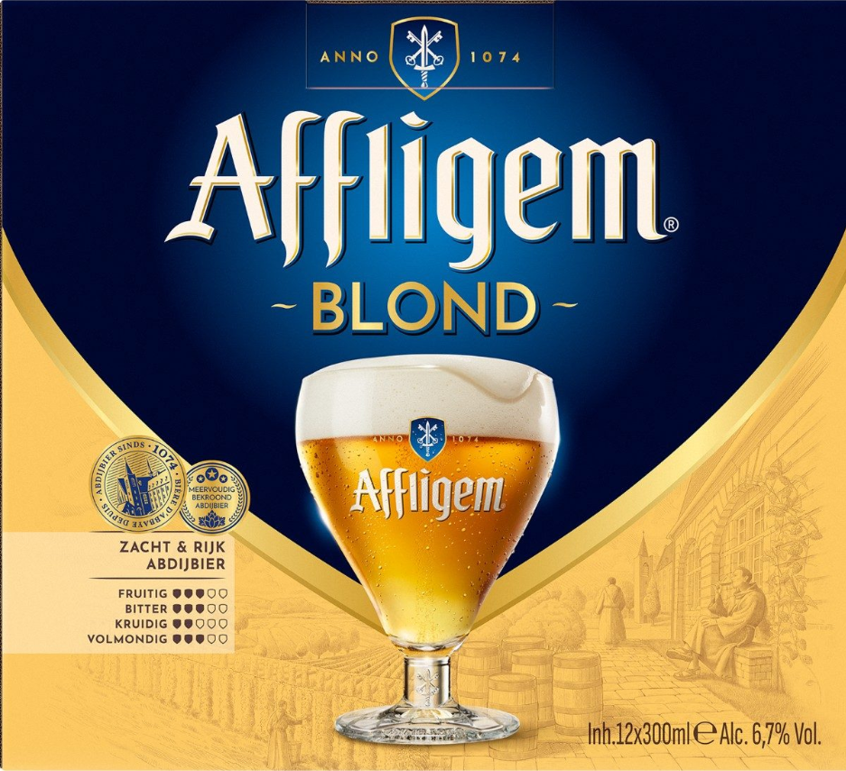 Voorkant van Affligem Blond bierdoos met glas blond bier, blauw-gouden ontwerp en inhoud 12 x 30 cl.