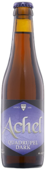 Amberkleurig flesje Achel Quadrupel Dark met paarse dop en paars etiket op witte achtergrond.