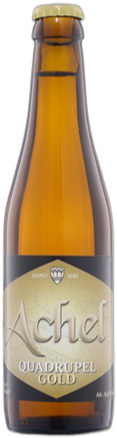 Amberkleurig flesje Achel Quadrupel Gold met gouden kroonkurk en goudkleurig etiket op witte achtergrond.