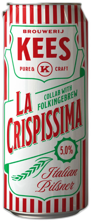 Blik Kees La Crispissima Italian Pilsner met rood-wit gestreept etiket op witte achtergrond.