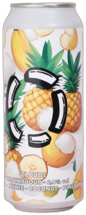 Blik Lost Clouds smoothie sour met illustraties van ananas, kokos, lychee en banaan op witte achtergrond.