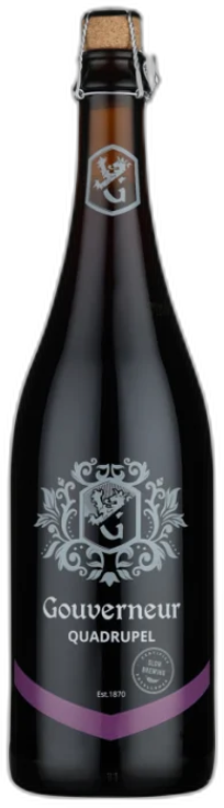 Donkere fles Gouverneur Quadrupel met kurk en paarse band op witte achtergrond.
