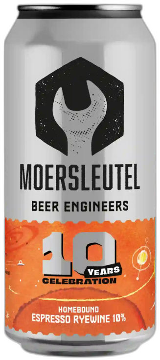 Blik Moersleutel 10 Years Celebration Homebound Espresso Ryewine met zilver-oranje etiket.