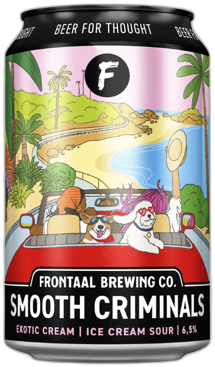 Blik Frontaal Smooth Criminals Exotic Cream met tropische strandillustratie en honden in cabrio.