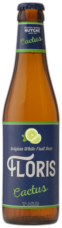 Bruine fles Floris Cactus fruitbier met donkerblauw label en groene accenten op witte achtergrond.