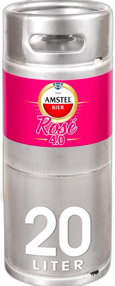 Zilverkleurig Amstel Rosé 4.0 bierfust van 20 liter met roze etiket en All in One-logo.