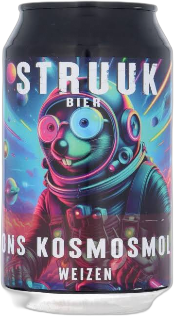 Blikje Struuk Ons Kosmosmol Weizen met kleurrijke mol-astronaut in kosmische setting.