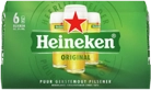 Groene verpakking met 6 blikjes Heineken Original pilsener van 0,33 liter.