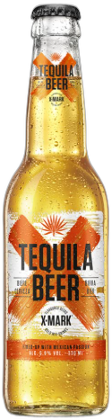 Transparant X-Mark Tequila Beer flesje met goudgele drank, kroonkurk en wit-oranje etiket.