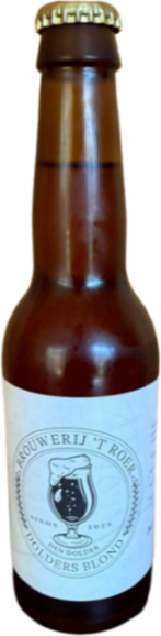 Bruin 33cl bierflesje Dolders Blond met witte label en goudkleurige kroonkurk op zwarte achtergrond.