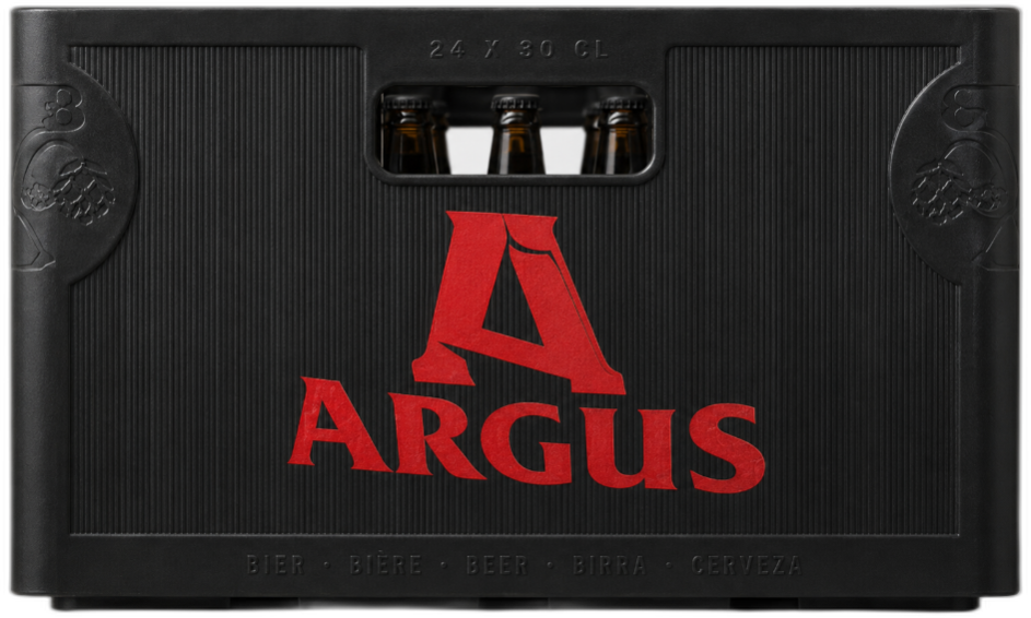 Zwart Argus bierkrat met rood logo en zichtbare fleshalzen, voor 24 flesjes van 30 cl.