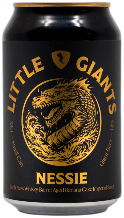 Zwart blik Rock City Little Giants Nessie met gouden monsterillustratie op wit