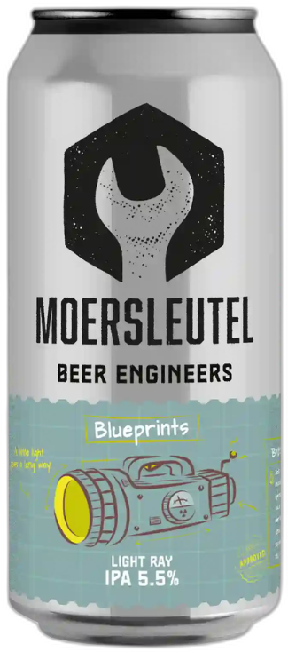 Blik Moersleutel Light Ray IPA 5,5% met grijs label en blauwgroene blueprint-illustratie.