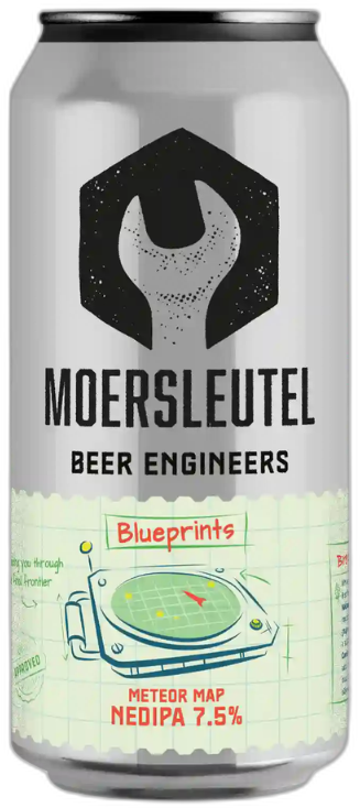 Blik Moersleutel Meteor Map NEDIPA met zilvergrijs label en blauwdrukillustratie.