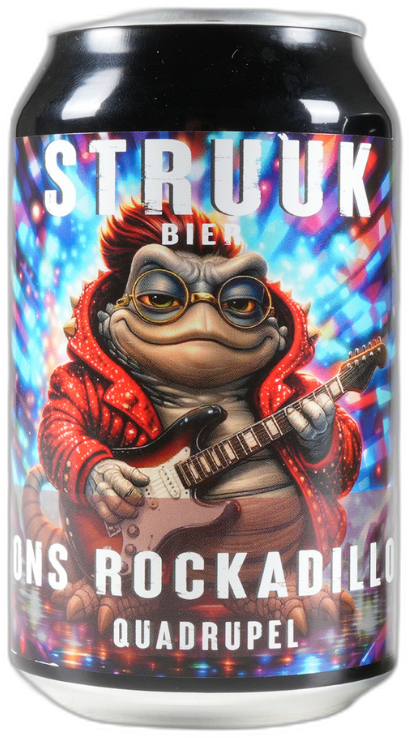 Blik Struuk Bier Ons Rockadillo Quadrupel met kleurrijk label en rockende pad met gitaar.