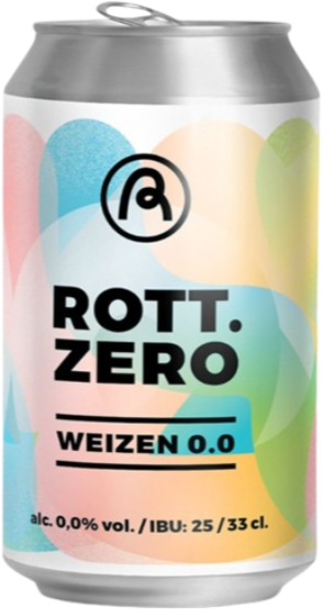 Blikje ROTT.zero weizen 0.0 van 33 cl met kleurrijk abstract etiket op zwarte achtergrond.