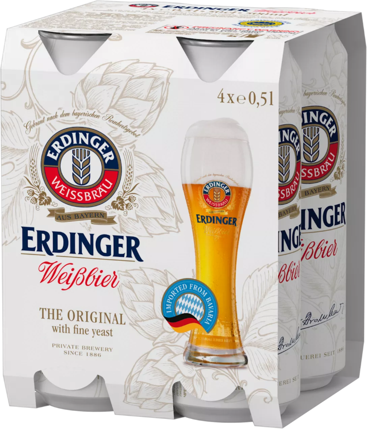 Erdinger Weissbier 4-pack van 50 cl in witte kartonnen verpakking met logo en bierglas.