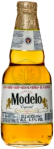 Fles Modelo Especial bier van 355 ml met goudkleurige inhoud, witte labels en folie om de hals.