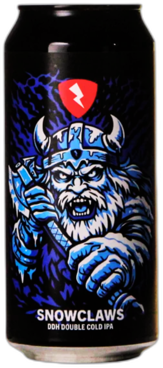 Zwart blik Rock City Snowclaws met blauwe yeti-illustratie en rode bliksemschicht op witte achtergrond.