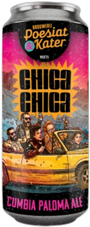 Blik Poesiat & Kater Chica Chica Cumbia Paloma Ale met kleurrijk cartoonetiket en gele auto.