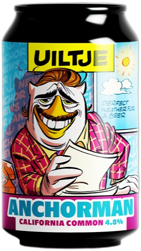 Blik Uiltje Anchorman California Common bier met kleurrijke cartoon van een nieuwslezer.
