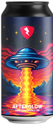 Blik Rock City Afterglow met kleurrijke ufo-illustratie boven gloeiend water en bergen.